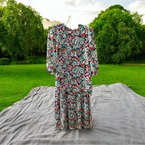 Vintage 70s 80s Orite Pleated Dress Floral Back Button Shoulder Pads Size 13/14